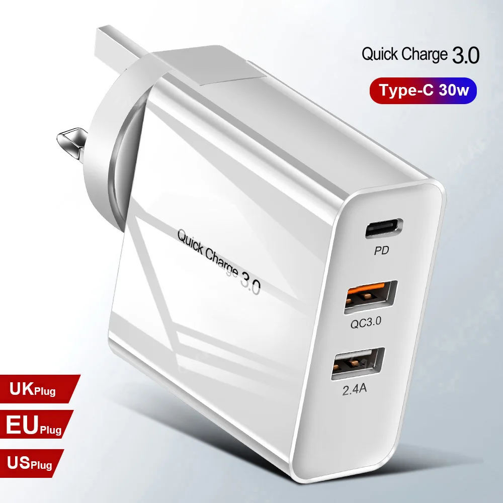30 Вт мульти быстрое зарядное устройство 3,0 PD type C USB зарядное устройство для samsung iPhone huawei Tablet QC 3,0 быстрое настенное зарядное устройство US EU UK Разъем-адаптер - Тип штекера: 3 Port UK  Plug