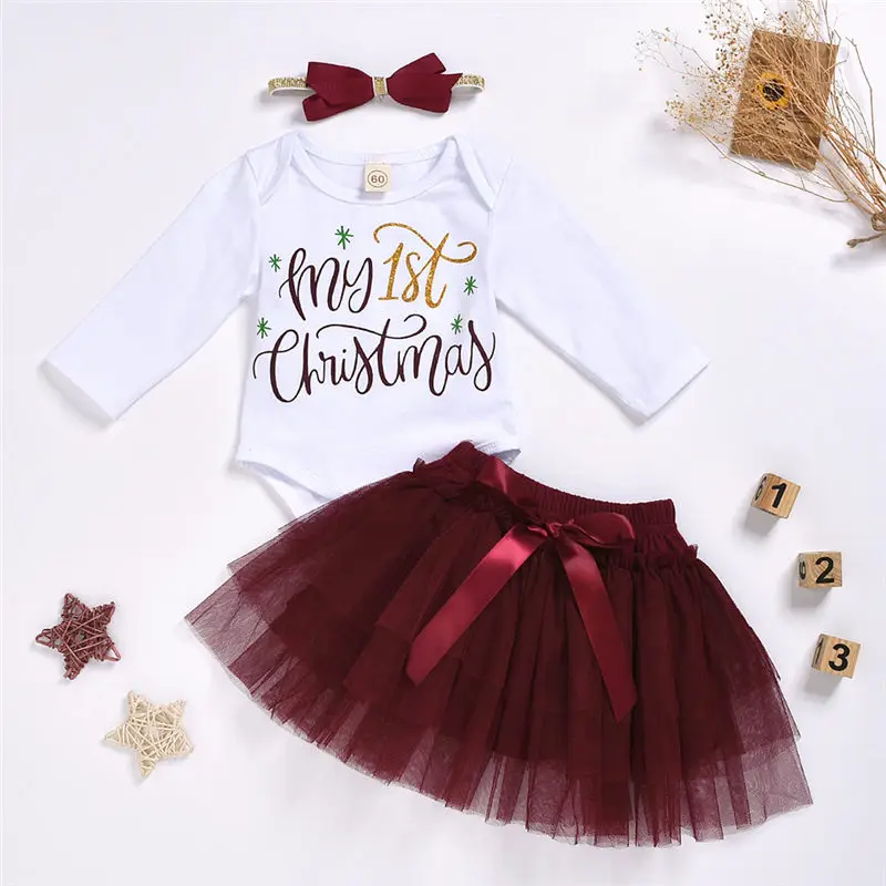 Мой первый Рождественский комплект одежды для детей, праздничный костюм для маленьких девочек Хлопковое боди, юбка-пачка с сеточкой повязка на голову, 3 предмета, 0-18 месяцев - Цвет: Белый