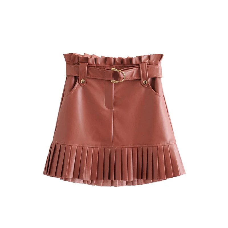TRAF Женская стильная плиссированная мини-юбка из искусственной кожи с карманами в винтажном стиле на молнии с поясом Женская короткая юбка шикарная Faldas Mujer - Цвет: as picture