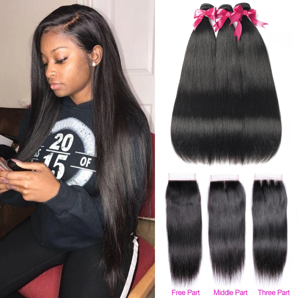 Ms Love Straight Hair Bundles With Closure Peruvian Weave 3 Remy Human Extension | Шиньоны и парики