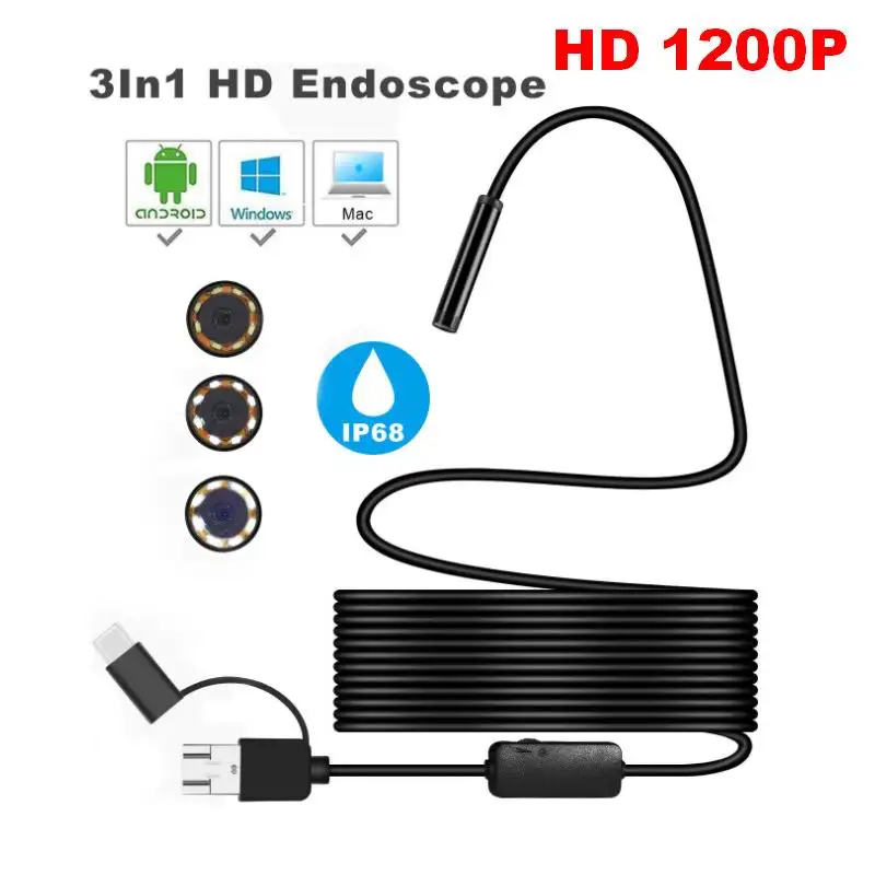 

3 in 1 Micro USB Type C USB Endoscope Camera 8mm 1200P Waterproof Inspection Borescope Camera With 8 LED For Android PC Macbook