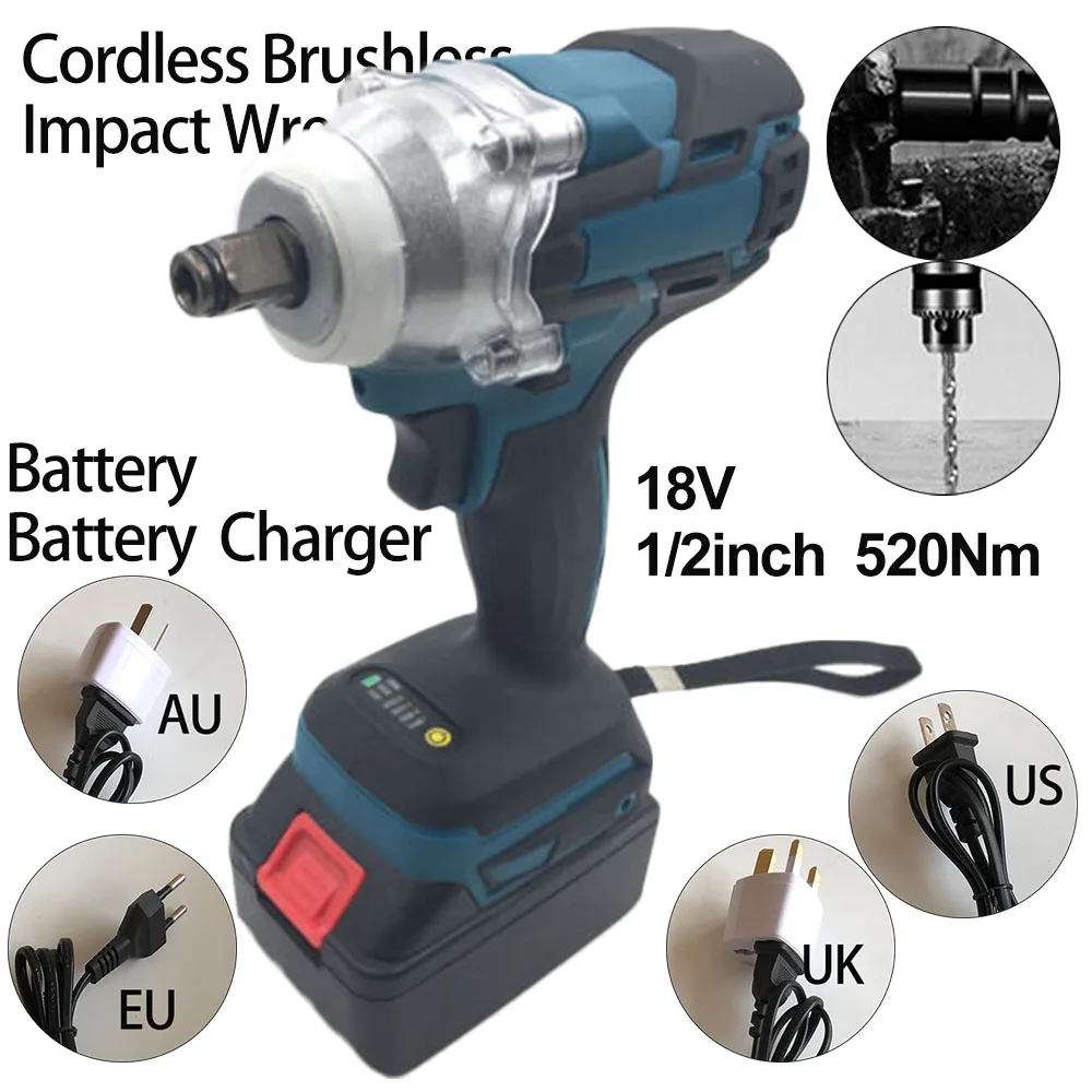 

1X Electric Wrench+1X Battery+1X Charger Cordless Brushless 18V 1/2inch 520Nm Electric Impact Wrench Driver
