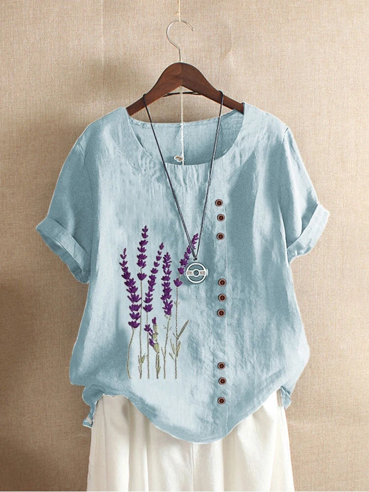Cotton and Linen Printed T Shirt Tops For Women Summer Loose  Lavender Printed T Shirt Shirts