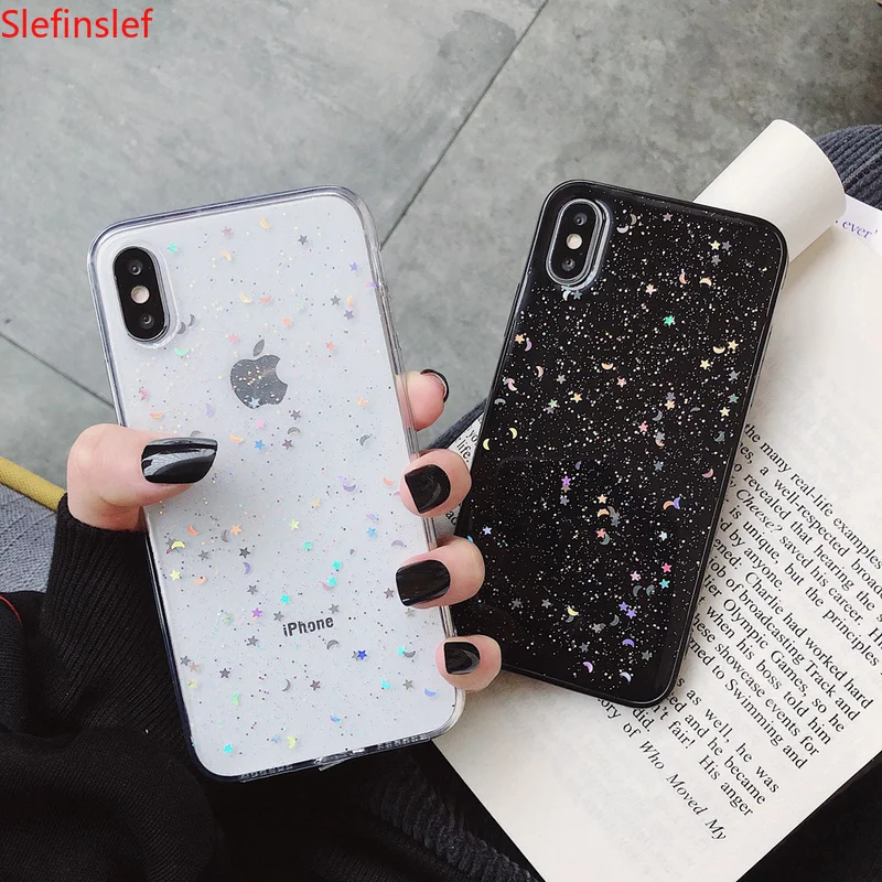 

For Apple iPhone 11 Pro 6 6s 8 7 Plus XR 10 X XS Max 5S Cover Glitter Bling Star Moon Sequins Soft TPU Clear Silicone Phone Case