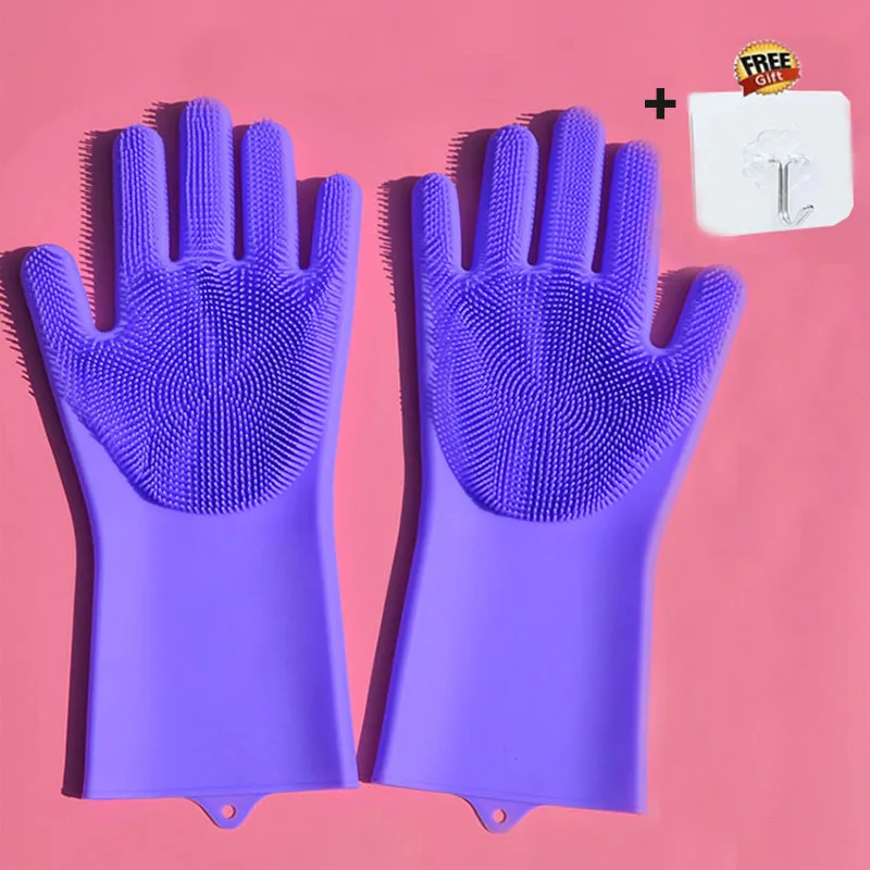 1 пара силиконовых чистящих перчаток, кухонные аксессуары, не болят руки, перчатки для мытья посуды, бытовые скрубберы, кухонные чистящие инструменты - Цвет: Purple