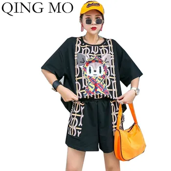 

QING MO Black White Women Summer Set 2020 Women Mouse Printed T Shirt With Beading Female Loose Short Pants ZQY3950