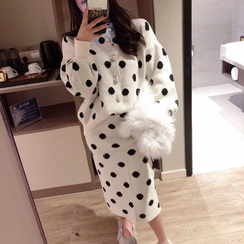 

Women 2020 Spring Autumn Loose Lantern Sleeve Sweater+Pencil Skirt Clothing 2 Piece Set Polka Dot Print Knitted Suit Female