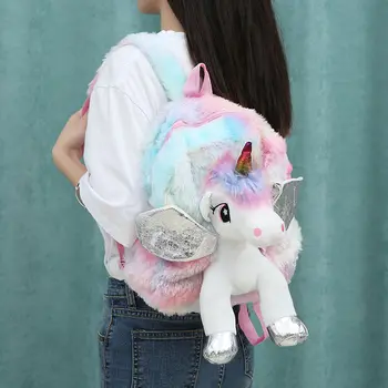 

Cute unicorn furry girls ladies female backpacks kawaii bags soft Shoulder strap funny Junior school bags
