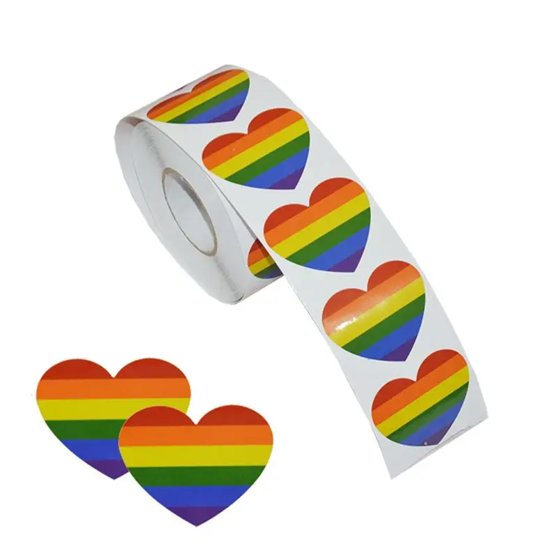 500 штук Веселые радужные наклейки на рулоне, поддержка ЛГБТ причин, в форме сердца(сердце