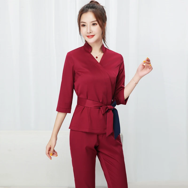 

Lady Wine Red Beauty Salon Clothing Hotel Waiter Work Clothes SPA Uniform Autumn Seven-quarter Sleeve Sauna Foot Bath Uniforms