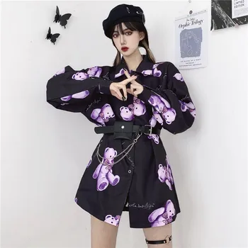 

Harajuku-style dark bear print loose shirt jacket and chain belt 2020 autumn personality fashion streetwear