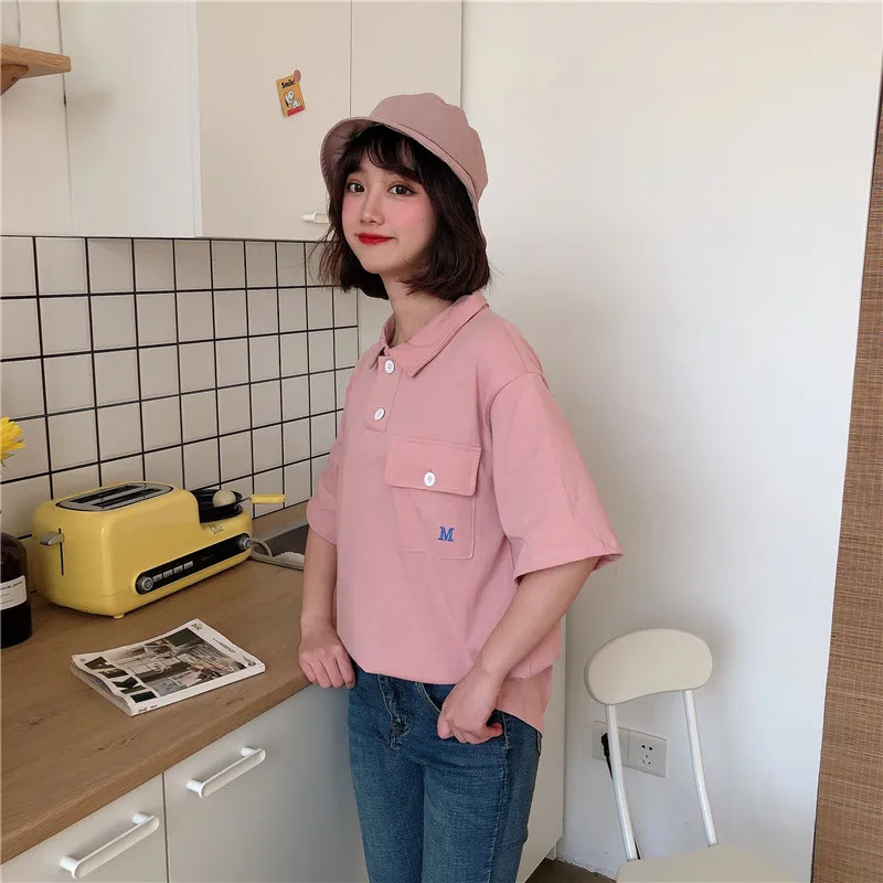 2020 Summer Cotton White Shirt Women Short Sleeve Lapel Polo Shirt Female Cute Pink Ladies Top Casual Loose Dark Blue Tunic Gril