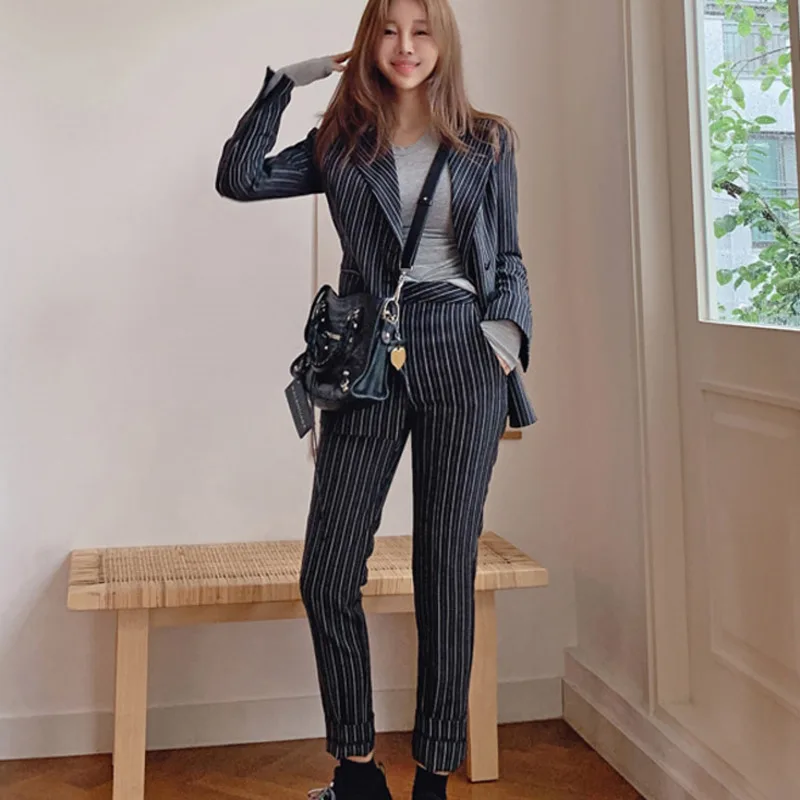 

Autumn Korean Style OL 2 Pieces Set Striped Women Pant Suit Sashes Side Split Blazer & Pencil Pants Suits Casual Female Suits
