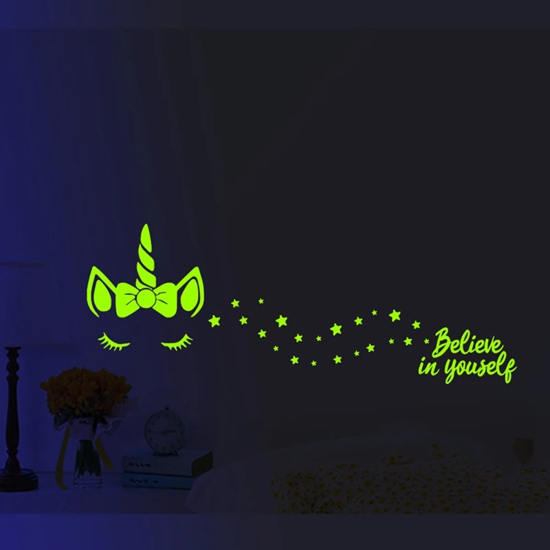 Belive In Yourself Luminous Stickers Cartoon Unicorn Horse Living Room Bedroom Bathroom Fluorescent Wall Sticker Gift For Kids