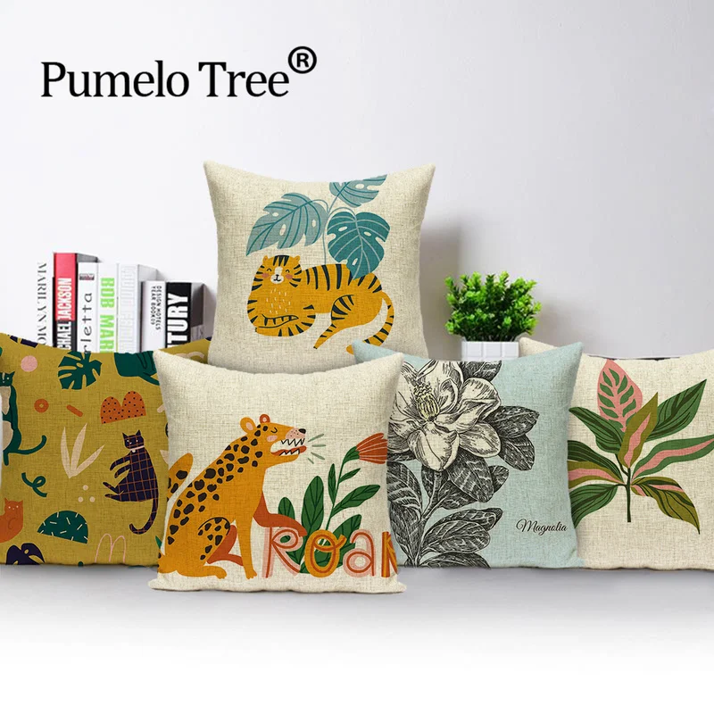 Подушка с цветочным принтом чехол мультяшный Кот тигр гостиная наволочка