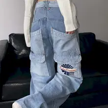 

High Street Women's Jeans Wide Leg Trousers Vintage Pocket Blue Design Unisex Pants Gradient Washed Loose All-match Chic Bottoms