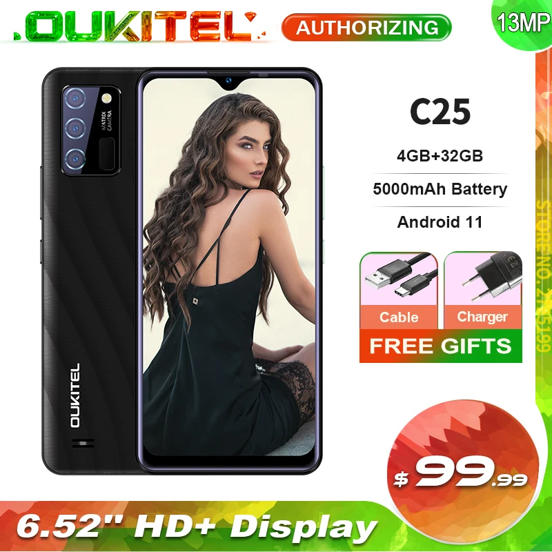 Смартфон OUKITEL C25 4 + 32 ГБ Android 11 6 52 дюйма 5000 мАч 13 МП тройная задняя камера | Мобильные