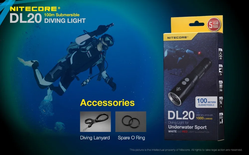 NITECORE DL20 светильник-вспышка для дайвинга CREE XP-L HI V3 max 223 лм наружный фонарь 100 м Водонепроницаемый погружной светильник для дайвинга