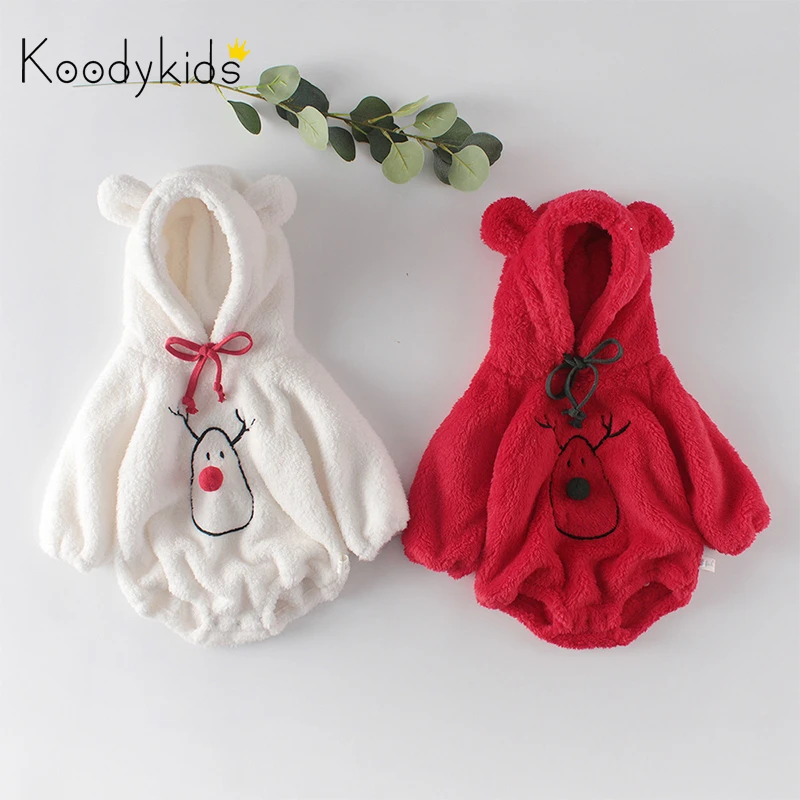 Koodykids/Зимние Боди для маленьких девочек и мальчиков; Детский мягкий плюшевый Плотный Комбинезон; Одежда для маленьких мальчиков; Рождественский красный флисовый комбинезон для маленьких девочек