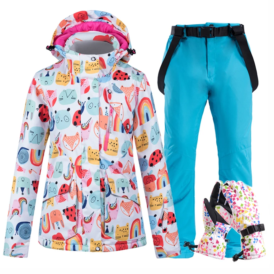 Jacket Pant glove BU Женский лыжный костюм, водонепроницаемая куртка для сноуборда, разноцветная Лыжная куртка и штаны, комплект, зимняя ветрозащитная теплая куртка, верхняя одежда - Цвет: Jacket Pant glove BU