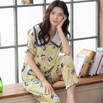 

Printed Pajamas for Female Summer Cardigan Simulation Silk Short-sleeved Trousers Two-piece Suit Section Nightwear Piyamas Women