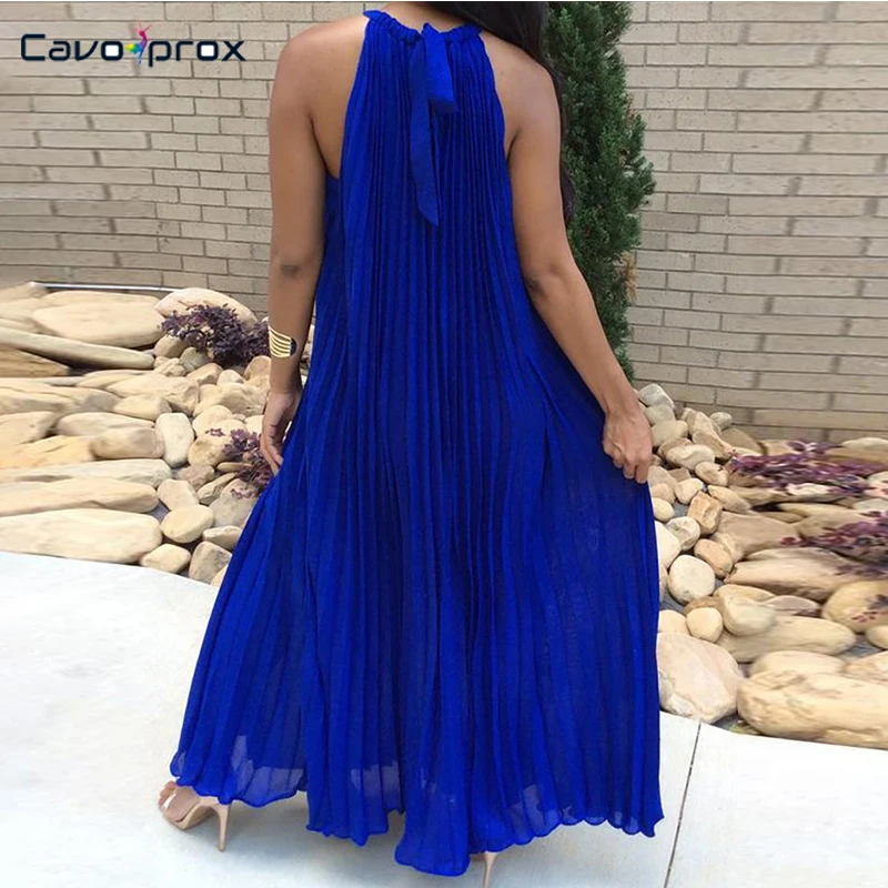 Женское летнее Плиссированное Повседневное платье макси с лямкой на шее