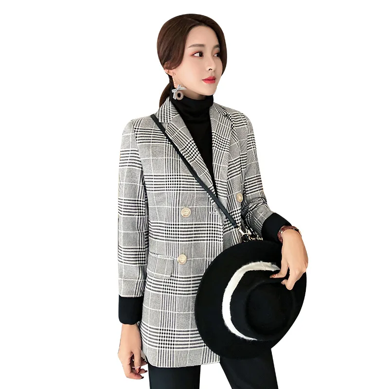 Plaid coat Ретро двубортный клетчатый Блейзер Женский длинный рукав Тонкий OL Блейзер Повседневная Осенняя Куртка Блейзер женская верхняя одежда - Цвет: Plaid coat