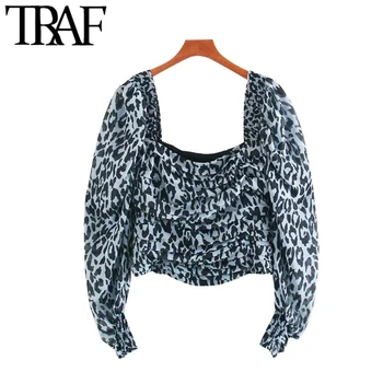 

TRAF Women Fashion Leopard Print Pleated Cropped Blouses Vintage Puff Sleeve Side Zipper Female Shirts Blusas Chic Tops