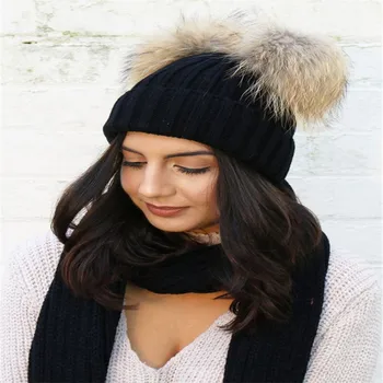 

New Winter Women Double Hair Ball Knitted Cap Wind-proof Ear Cover Head Cap Multicolor Elective Outside Leisure Warm Knitted Hat