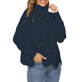 

New Sweater Women Autumn Chic Solid Color Round Neck Hollow Out Hole Knit Sweater Medium High Collar Pullover Sweater pull femme