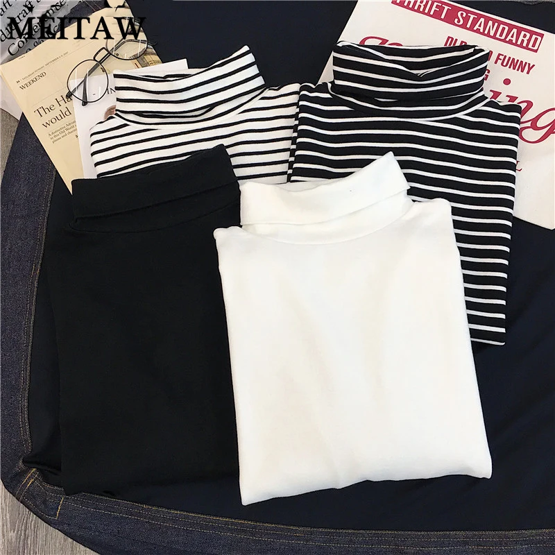 

Autumn Women Turtleneck T-Shirts 2019 Casual Striped Long Sleeve Stretch Tee Shirts Korean Female Slim Office Tops