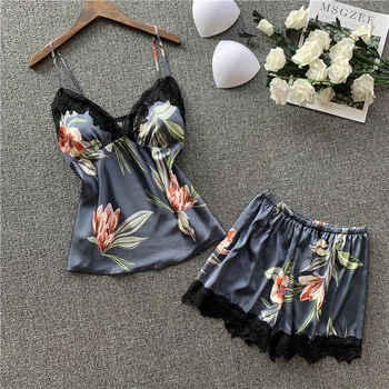 

Sexy Lace Pajama Set Women Faux Silk Sexy Lingerie Female Flower Print Comfort Casual Summer Sleepwear Pyjama Femme Homerwear