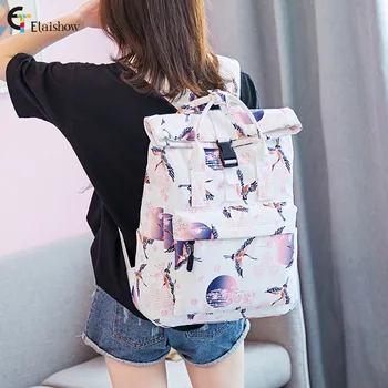 

For Anti-theft Backpack Female College Students Wind Bag Cranes Printing Waterproof Small Pure and Fresh and Backpack
