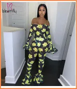 Flare Sleeve Wide Leg Pants Long Jumpsuit Women Autumn Fashion Elegant Workwear Formal Party Romper Belted Knot Side Jumpsuit