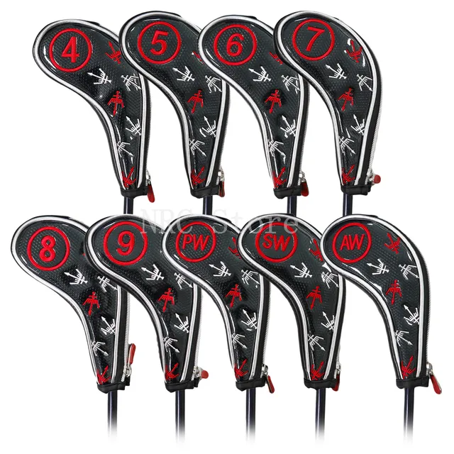 NRC Golf Iron Headcovers Customized Synthetic Leather 9pcs (4,5,6,7,8,9,P,S,A) Set  with Zipper Closure Putter Cover Protect. Black