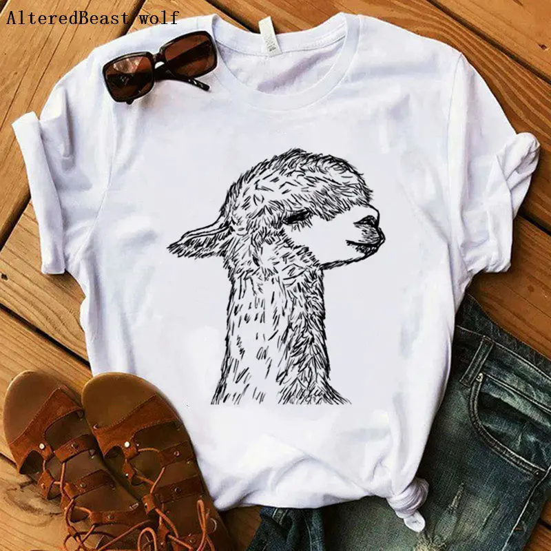 

2019 Llama tshirt Women kawaii Llama T-Shirts christmas llama print short sleeve Tops Ladies llama t shirt femme white clothes