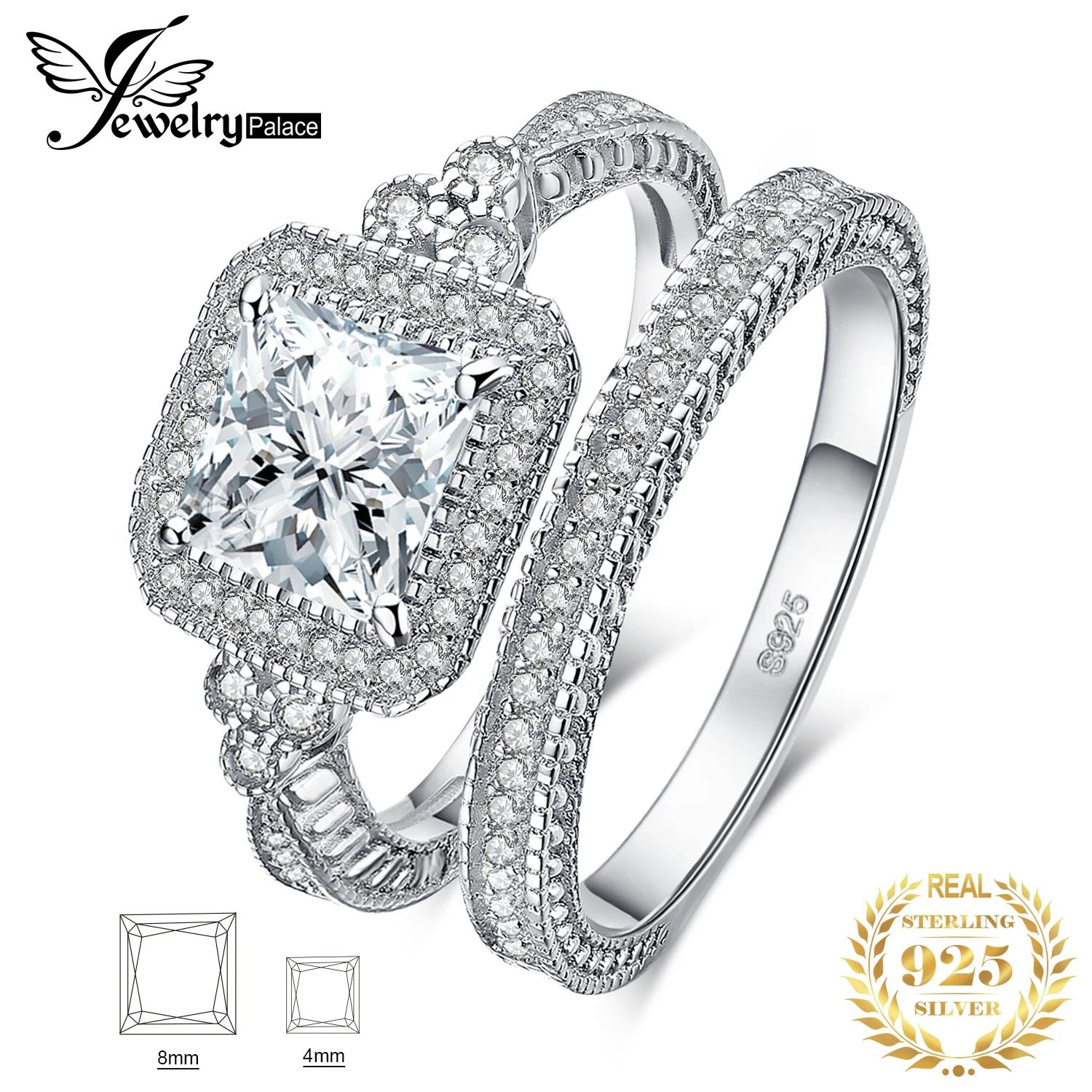 925 Sterling Silver Wedding Rings Set Princess 925 Sterling Silver