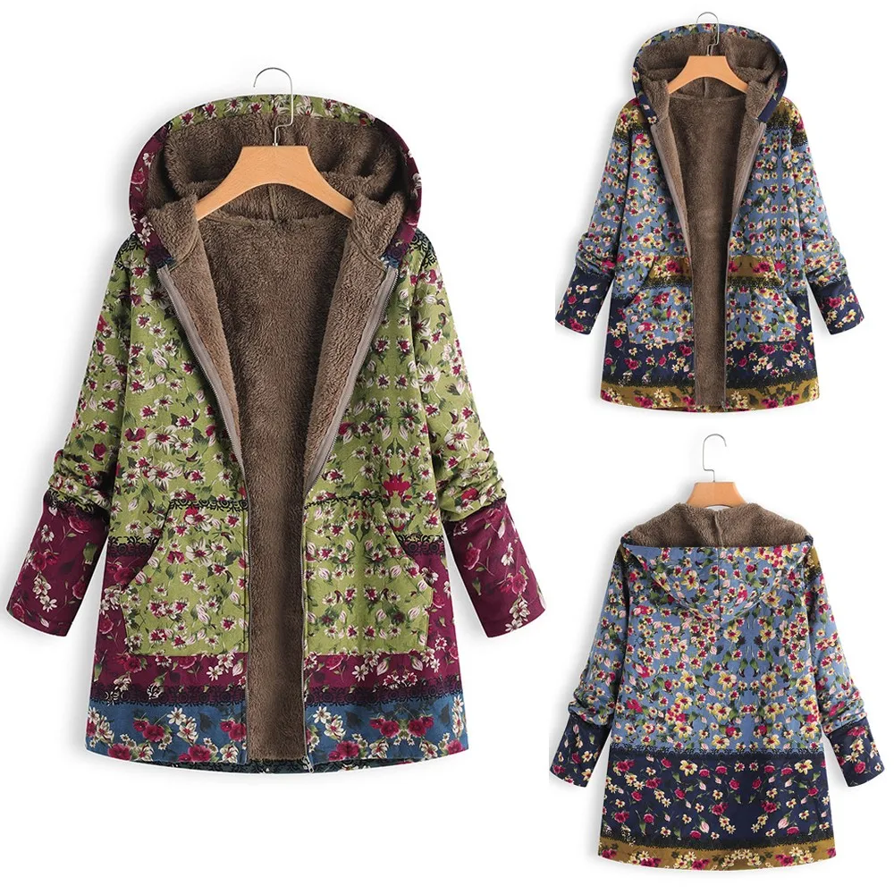 Women Jacket Hooded Coats Floral Print Hooded Pockets Winter Outwear Fleece Fur Warm Vintage Oversize Coats Women Parkas