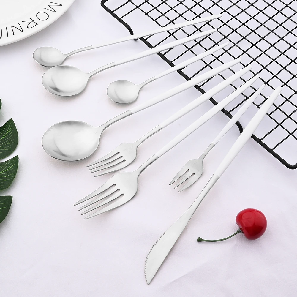 Description Picture 2 of itemMatte White Silver Cutlery Set Kitchen Dinnerware Set Restaurant Flatware Western Tableware Knife Fork Spoon Dessert Silverware