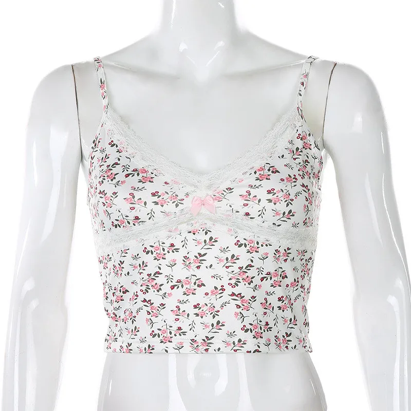 Y2k Women's Floral Suspenders V-neck Lace Trim Low-cut Crop Top Harajuku Slim Sexy Backless Ladies Bottoming Shirt Street Wear