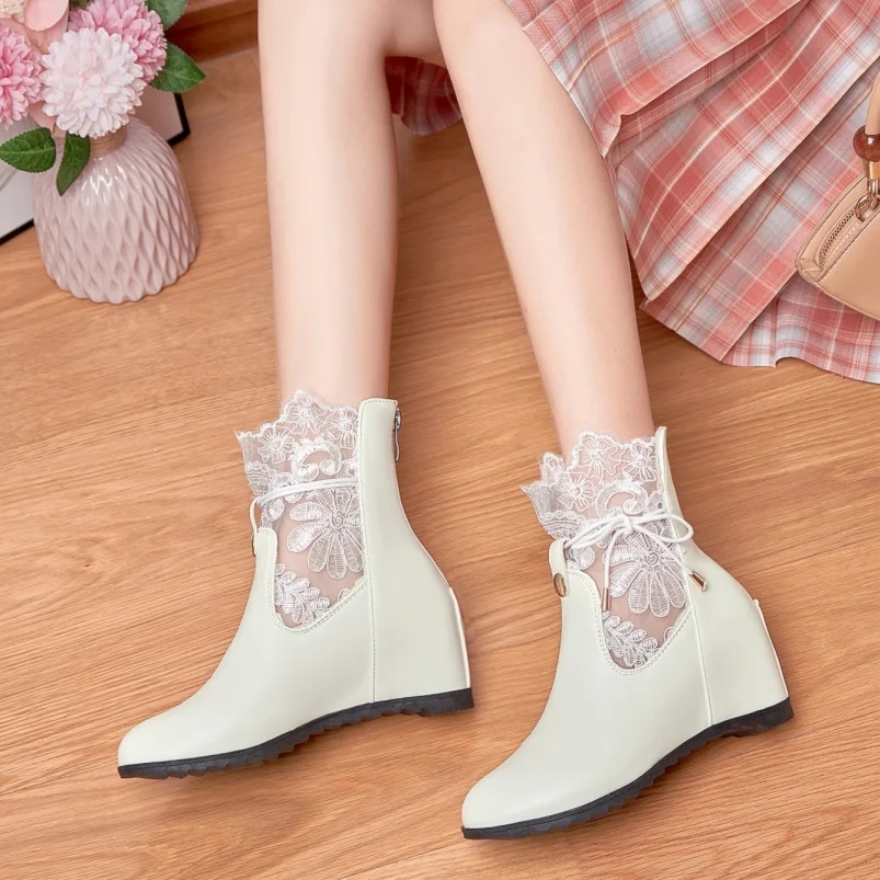 

Sexy Lace Pattern Stitching PU Wedge Heel Women's Ankle Boots Ankle Bow Tie With Back Zipper Inner Heightening Short Boots