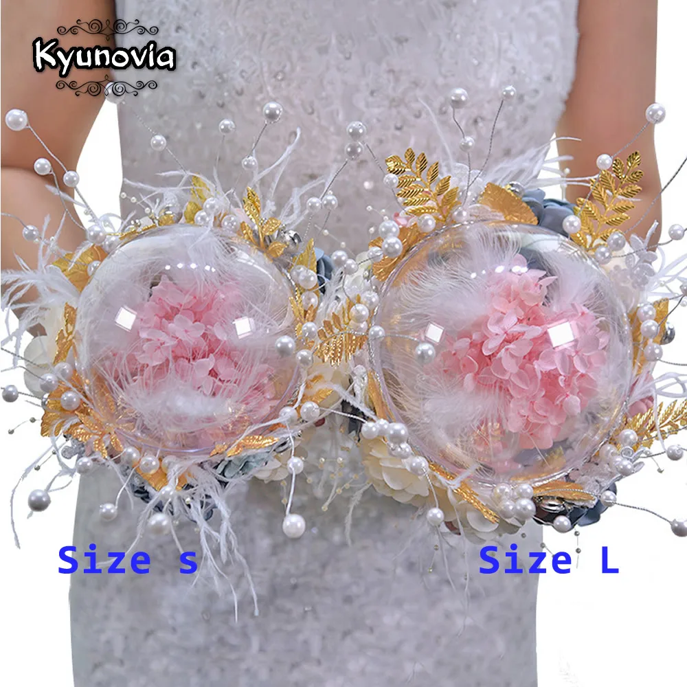 Kyunovia Dried Hydrangea Flower InTransparent Balls Pearl Bouquet Golden Leaf Bride Wedding Bouquet ramos gold de damas BY46