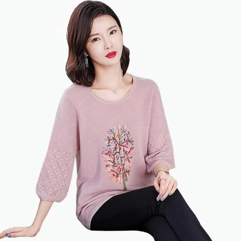 Розовый Spring new Casual Thin Tops women fashion Knitted O-Neck Pullovers Pink Embroidery Sweater women - Цвет: Розовый