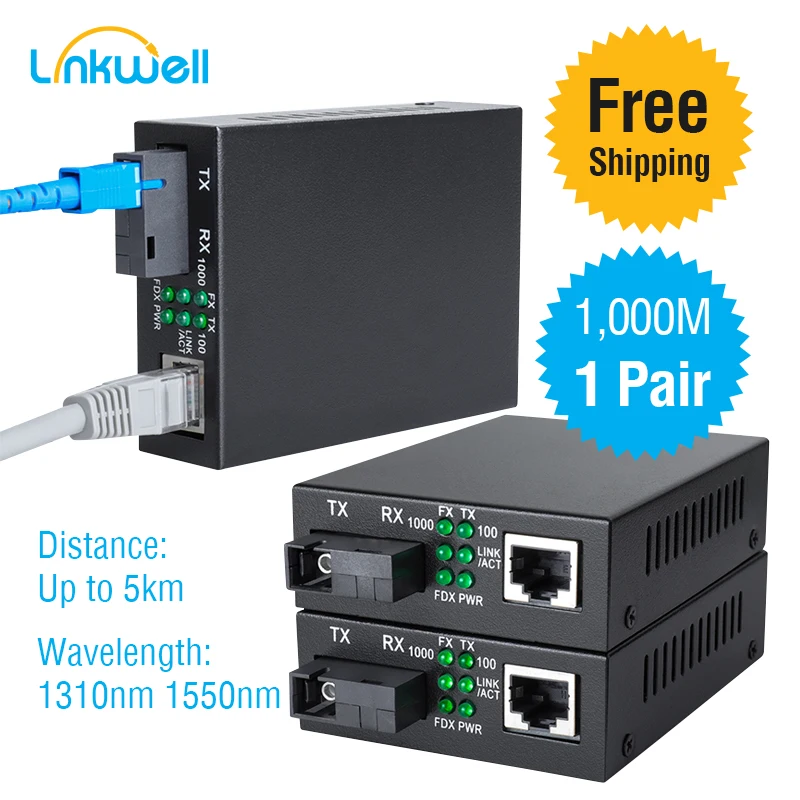 Gigabit Fiber Optic Media Converter 10/100/1000Mbps 1310/1550nm Single Mode Single Fiber 3KM/5KM SC Port External Power Supply