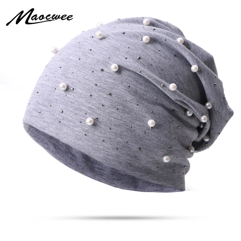 Women Pearl Beanie Hat Headgear Solid Color Pearl Cap Autumn Winter Hats For Female Bonnet Fashion Knitted Autumn Outdoor Beanie knitted hat winter hats