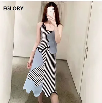 

Top Quality New Sweaer Sets 2020 Summer Fashion 2 Piece Set Women Striped Print Vest Tops+Mid-Calf Knitted Skirt Set Casual