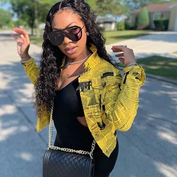 

Autumn Winter Newspaper Print Bomber Jacket Women Turn Down Collar Long Sleeve Streetwear Harajuku Jacket Coat Casual Outerwear