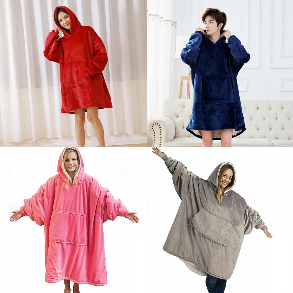 

Microfiber Plush Coral Fleece Blanket With Sleeve Super Soft Warm Outdoor Pocket Hoodie Adult Winter Hooded TV Blanket Wholesale