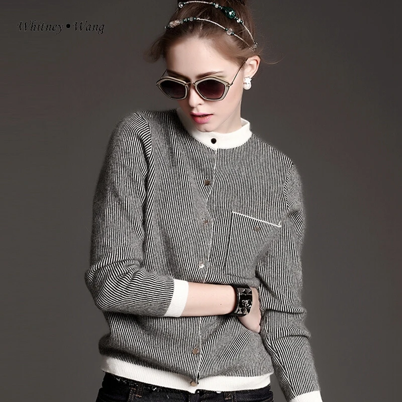 WHITNEY WANG осень зима мода уличная полосатый женский кардиган джемпер sueter mujer invierno