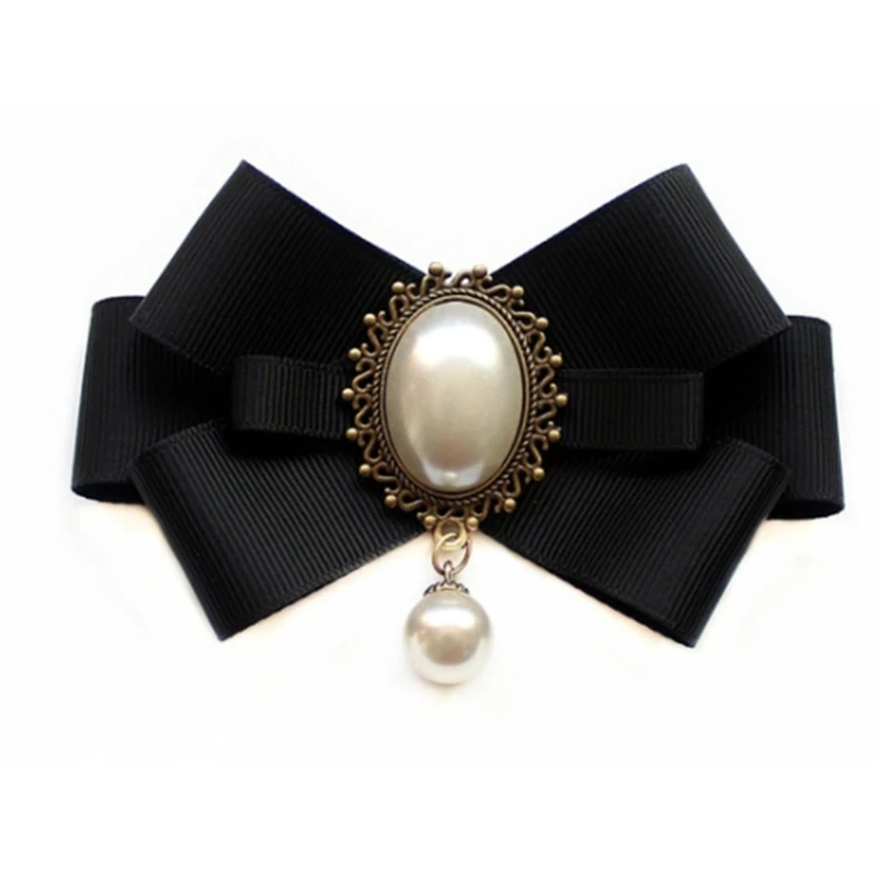 Imitation Pearl Ribbon Brooches Pin Bow Tie Vintage Pre-Tied
